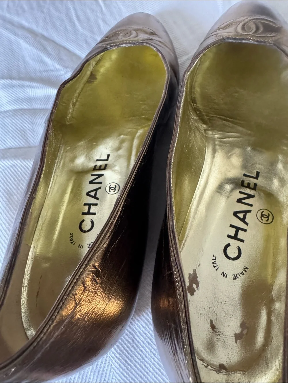CHANEL Metallic Bronze Leather Ballet Flats